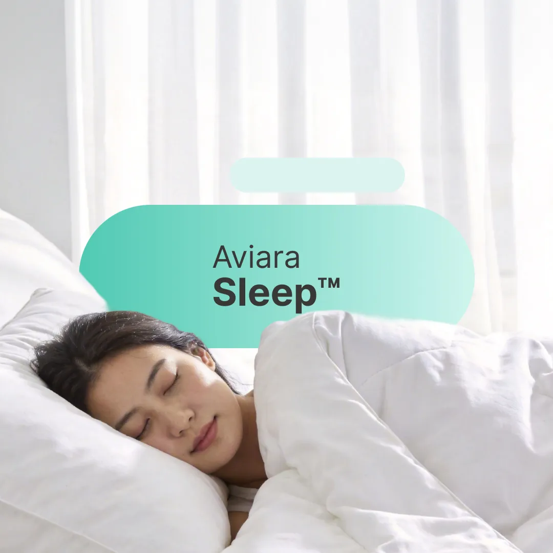 Man sleeping soundly in bed, multiple "Sleep" buttons overlaid