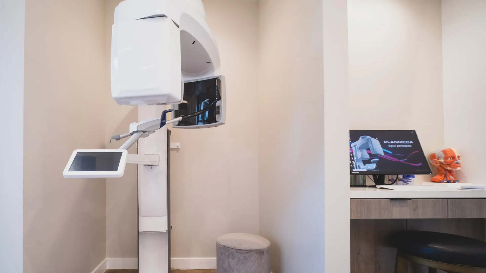 Advanced dental imaging station at Aviara Centers with Planmeca 3D scanner, touchscreen controls, and diagnostic workstation